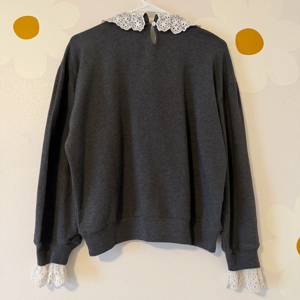 J. Crew Gray Pullover Crewneck Sweatshirt with Crochet Lace Collar and Cuffs